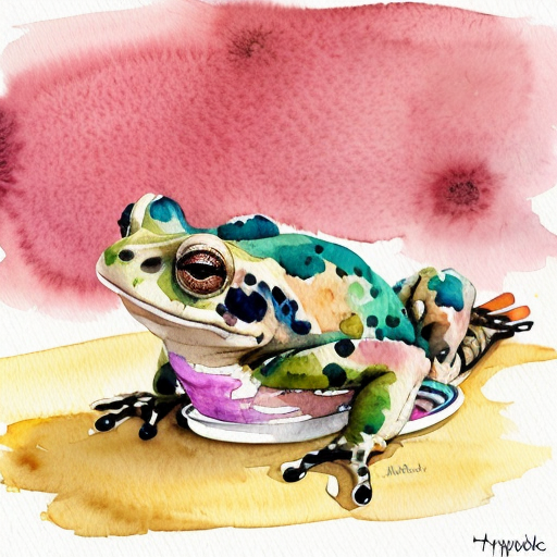 A hillarious, funny boho toad with some hippie colored coffee cups. Psychedelic decorated background, hyperrealistic. Close-up view.