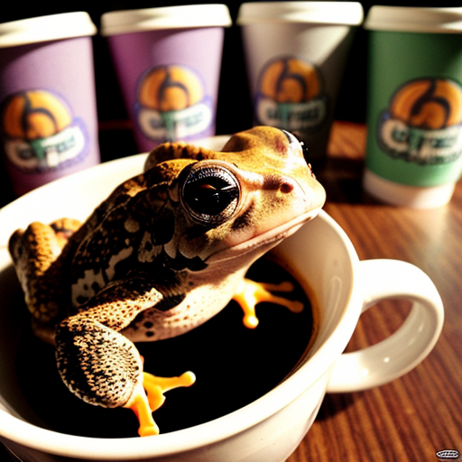 A hillarious, funny boho toad with some hippie colored coffee cups. Psychedelic decorated background.