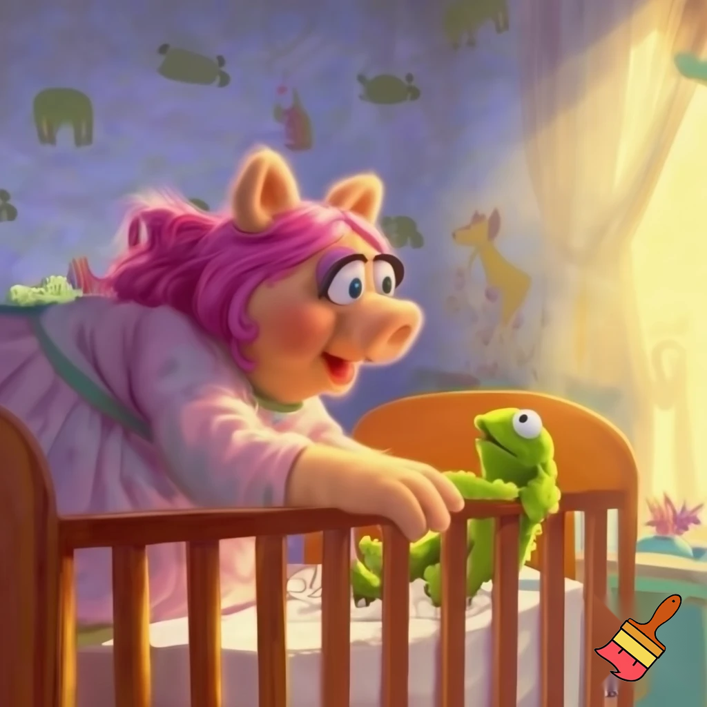 Miss piggy coming into her little baby frog Kermit’s bedroom and nursery and finding him fast asleep in his beautiful cot
