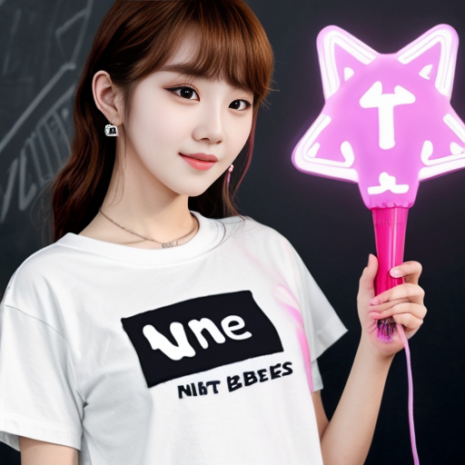 an girl hoding a bts lightstick and has Neni written on her shirt
