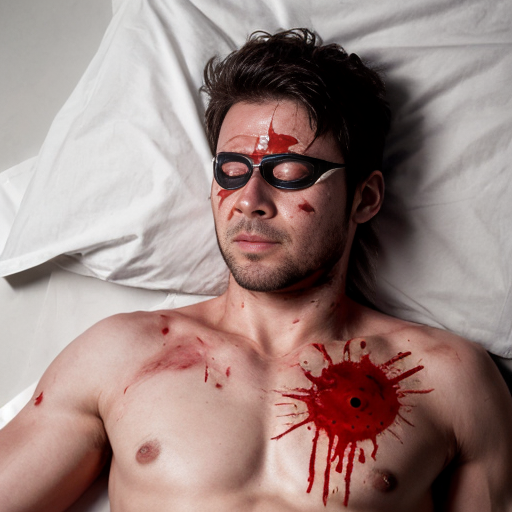A shirtless man, face are hiding by shirt with cut on eye part, died, chest open wounded, blood everywhere, eye closed.