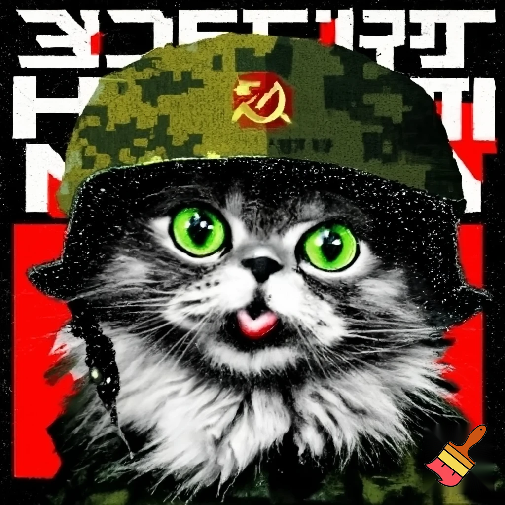 A hyper-realistic close-up portrait of a fluffy gray Siberian cat with bright green eyes, sticking its tongue out playfully. The cat is wearing a digital pixelated camouflage military helmet. The style is a Soviet-era military or socialist realism, with bold stylized graphics, high contrast, and a limited color palette of olive green, black, red, and white. In the background, bold Cyrillic text in red and white: at the top "БООРУЖЕННЫЕ СИЛЫ РОССИИ" (Armed Forces of Russia) and at the bottom "KAMAZ". The letter "Z" is prominently displayed on the side of the helmet or in the background. The image has a slightly grainy, vintage print texture. The mood is ironic and humorous, mixing cuteness with military aesthetics. --style raw --ar 2:3