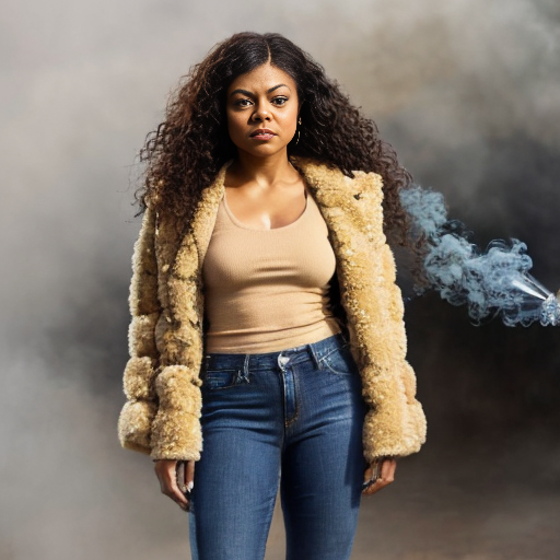 Taraji P. Henson as an FBI one beige fur jacket and yellow beige tank top red and yellow dots and blue jeans with long curly thick hair 20th Century Fox spray sprinkling water TNT stone smoker *punch*



