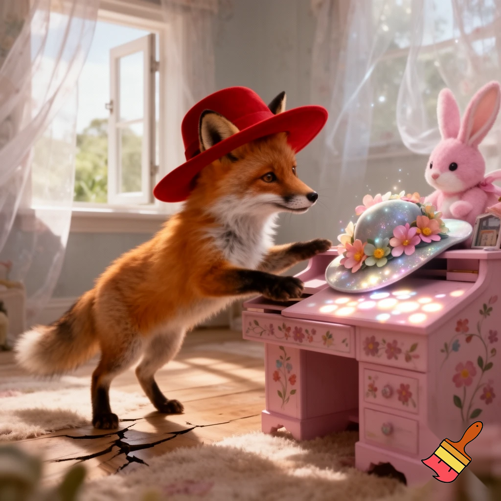 so the fox with a red hat sneek inside of the pink rabbit deask and garb her magic flower