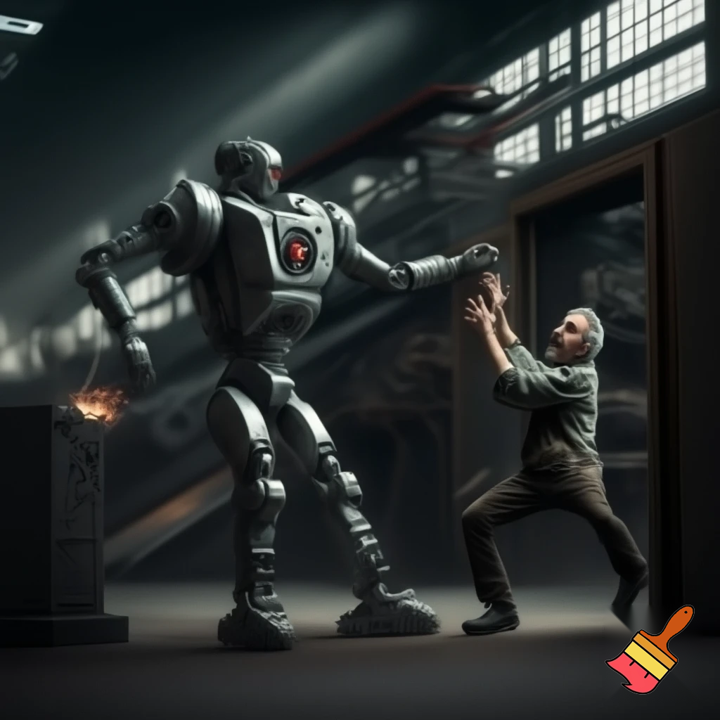 A robot is kicking out a human from a factory