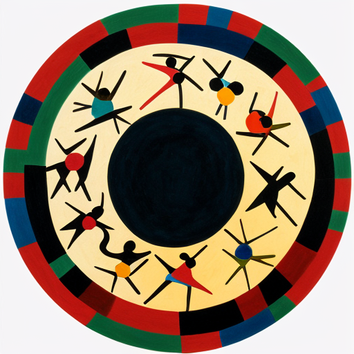 Put surreal Features in a circle consisting of multiple abstract figures in  Miro  and Matisse style