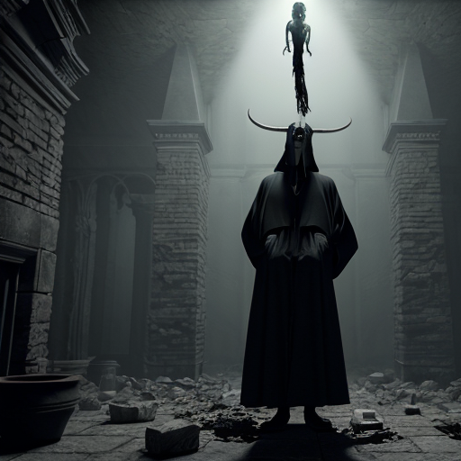 Photorealistic dark fantasy crypt. A gaunt, pale man in black robes stares at a fleshy, grotesque sack hanging from a rope. A winged, horned demon perches on a stone ledge behind him. Ruined stone floor with rubble, broken pots, and low-lying fog. Cinematic volumetric lighting, macabre gothic horror style, 8k resolution