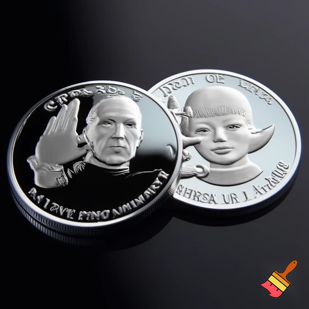 A silver commemorative coin in JFK half-dollar style, highly detailed metallic finish. Front side: Grok AI logo (stylized 'X' or robot symbol) embossed in relief with "GROK" text around the rim. Reverse side: portrait of T'Pol from Star Trek Enterprise in Vulcan attire with pointed ears, raised hand in Vulcan salute, "LIVE LONG AND PROSPER" text around the rim. Professional numismatic photography, sharp details, reflective silver surface, studio lighting.