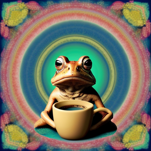 A hillarious, funny boho toad with some hippie colored coffee cups. Psychedelic decorated background.