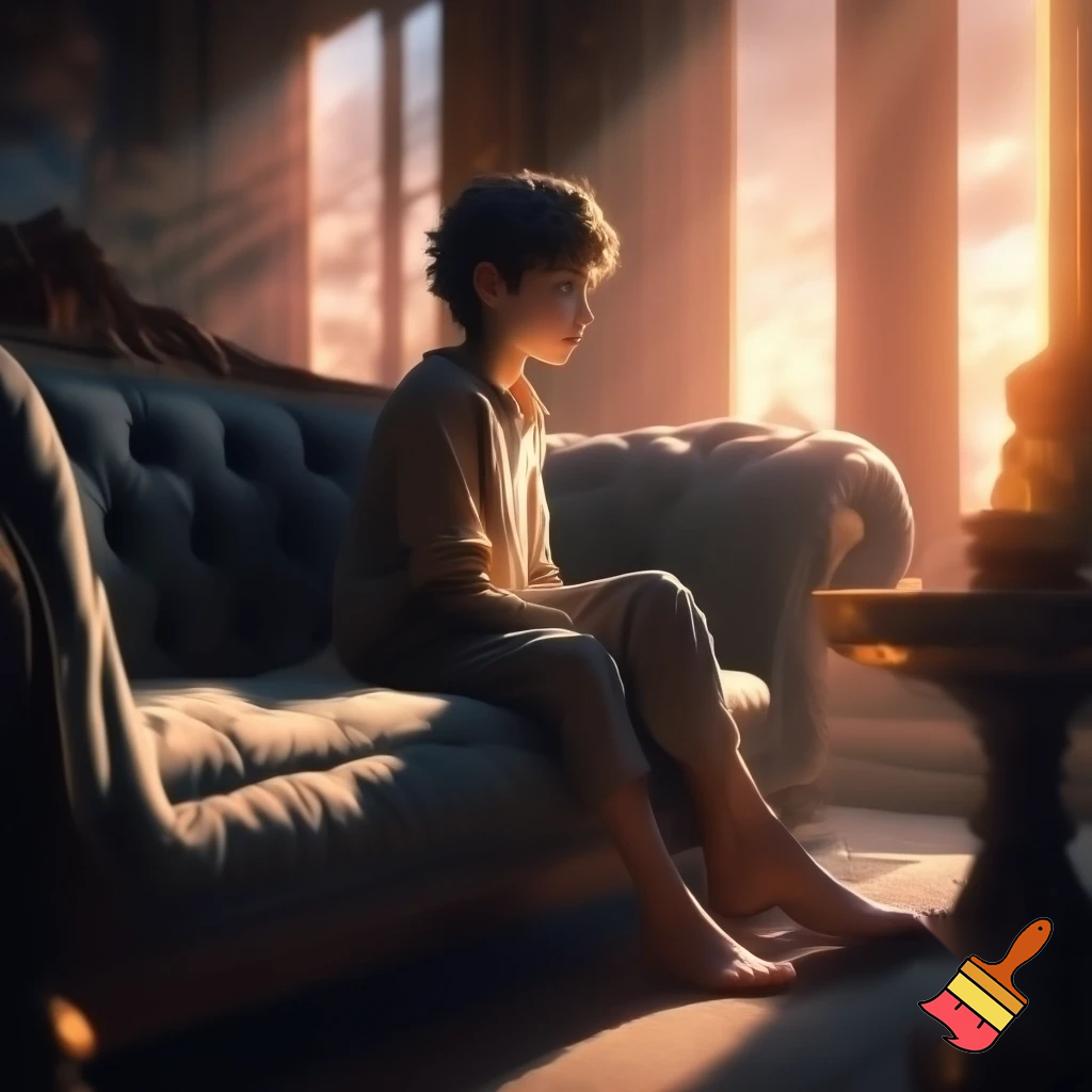 "A young person sitting elegantly on a luxurious sofa in a cinematic living room, warm golden-hour lighting streaming through large windows, soft shadows, dramatic depth of field, ultra-realistic textures, cozy yet epic atmosphere, cinematic composition, high detail, 8K resolution.