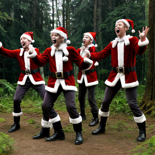 Create five male elves singing and dancing in the middle of the forest, who are not Christmas-themed and have more realistic and well-shaped faces.