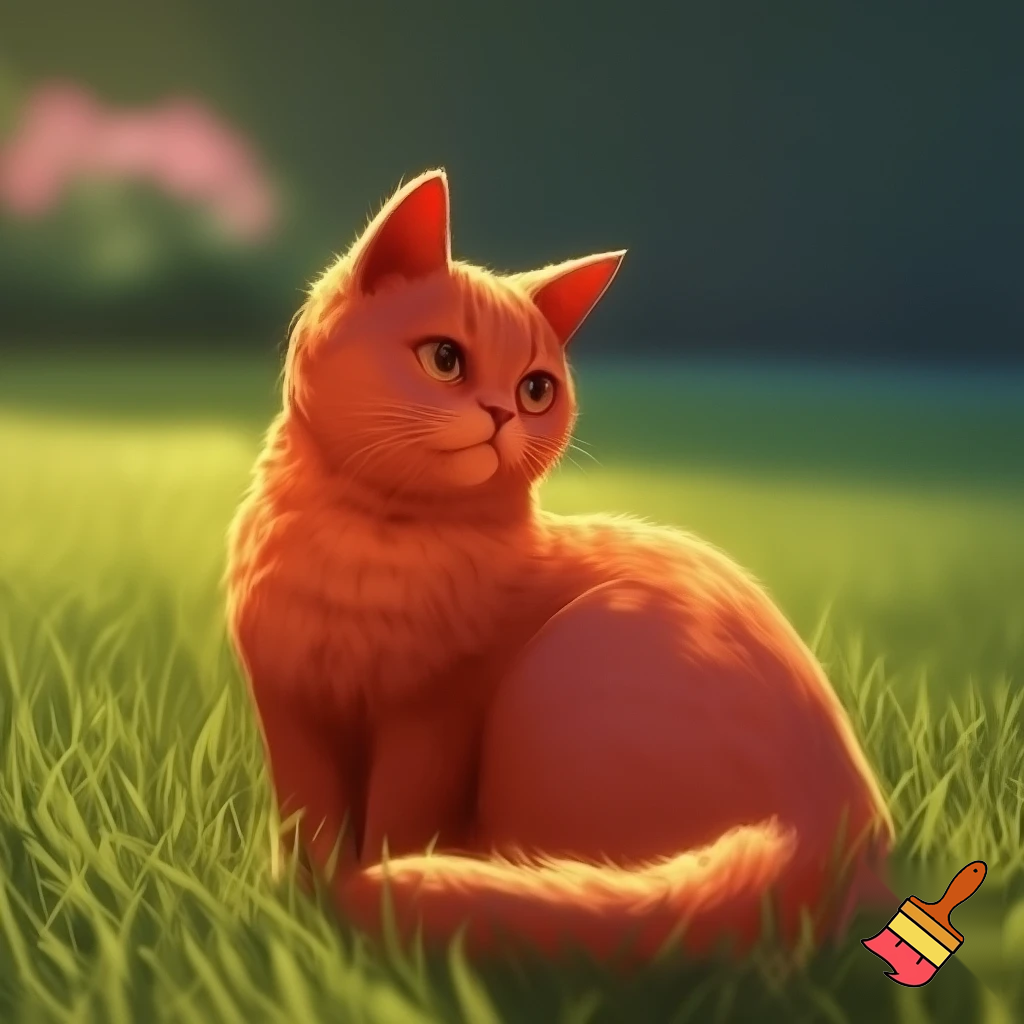 vorrei creare un gatto rosso seduto in primo piano ed il sfondo di un prato