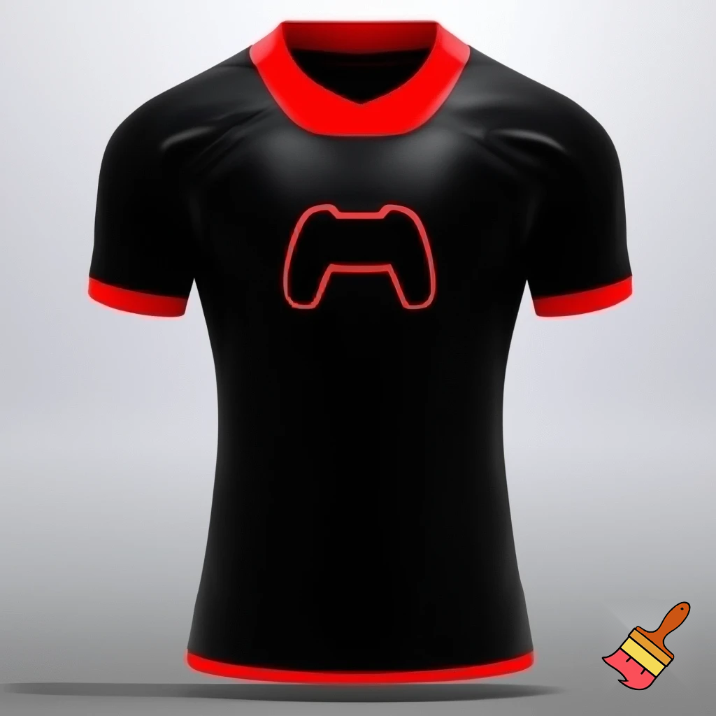 Crea una maglia da calcio nera con un colletto alto rosso e altri dettagli in rosso. È nera. Al centro ha un controller da videogiochi nero con i contorni che richiamano il colore del colletto. Fai vedere tutta la maglia