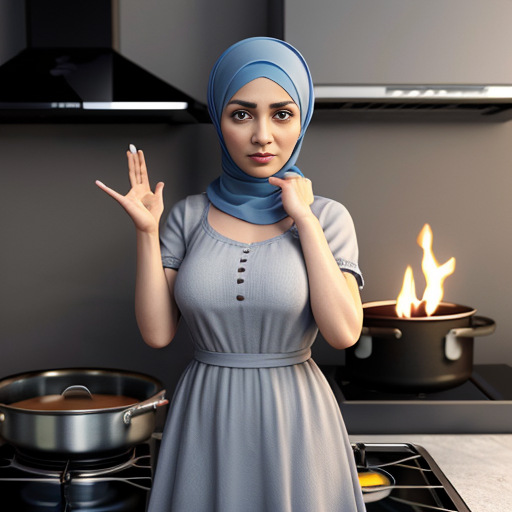 Pixar-style 3D cartoon character, standing at the stove, cooking gesture, exaggerated cartoon features, big expressive eyes, Muslim woman 35-40 years old, fully covered in wide light blue dress, loose modest clothing, headscarf covering all hair, no sexualized features, gray background, simple cartoon style