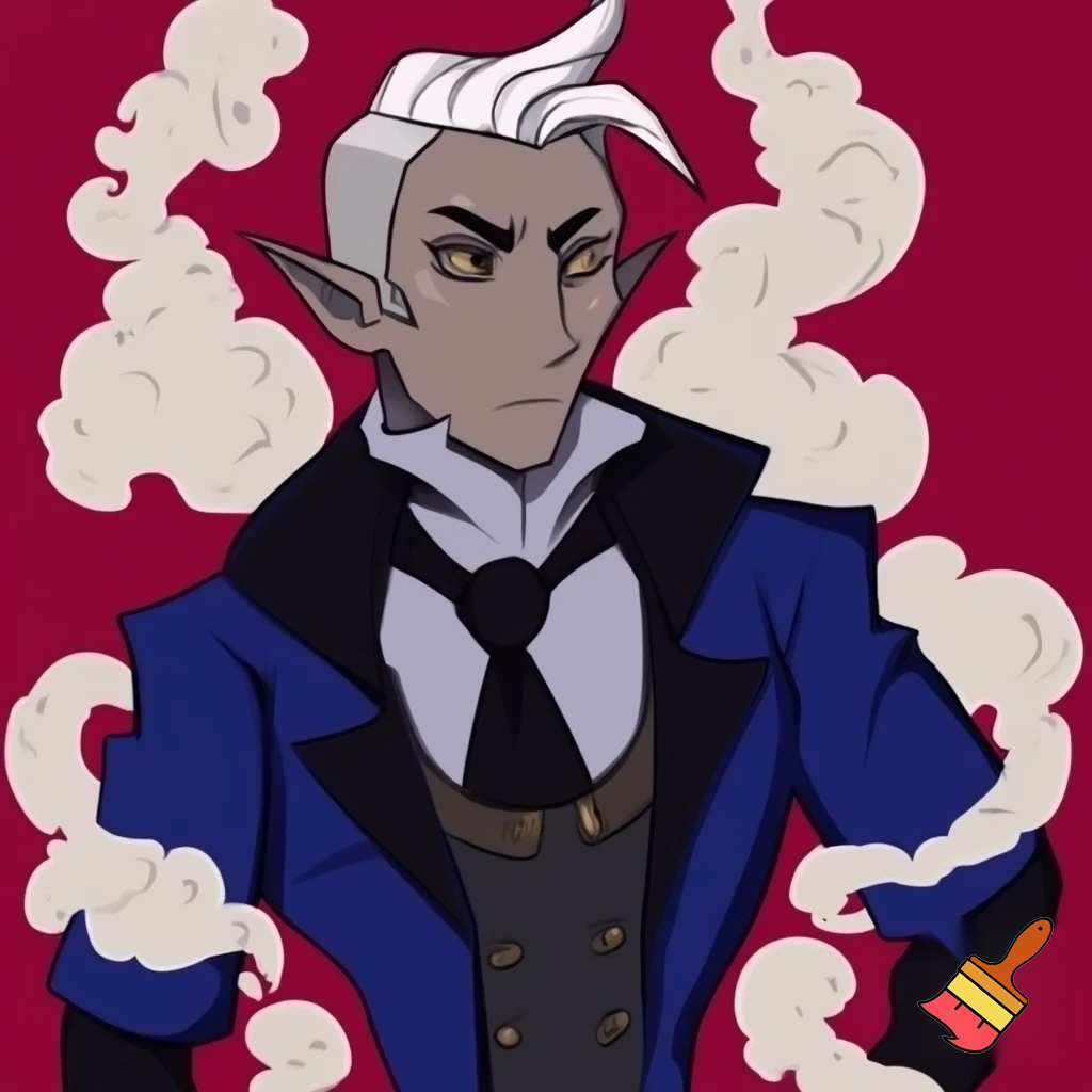 Percival de rolo from Vox Machina in the cartoonish art style of hazbin hotel wearing his signature blue overcoat and smoke curling around him