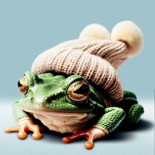A laughable, puzzled animal toad in woolen, multicoloured winter clothings with woolen winter cap. Hyperrealistic art style.