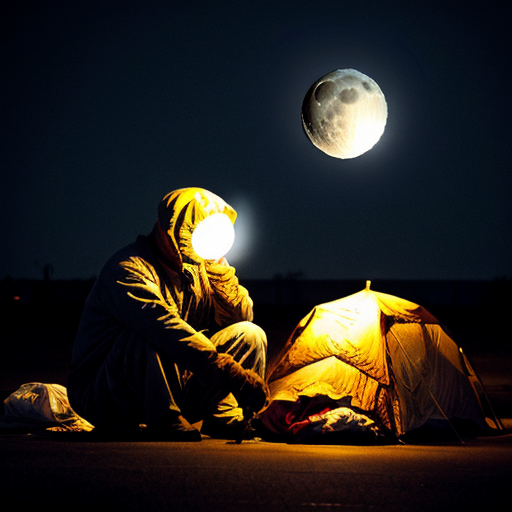 Homeless monster man with glowing moon for head