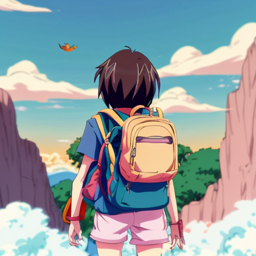 Little Dora purple backpack pink t-shirt orange short pants yellow socks white sneakers on a sitting cloud in the sky from Dora the Explorer. migration