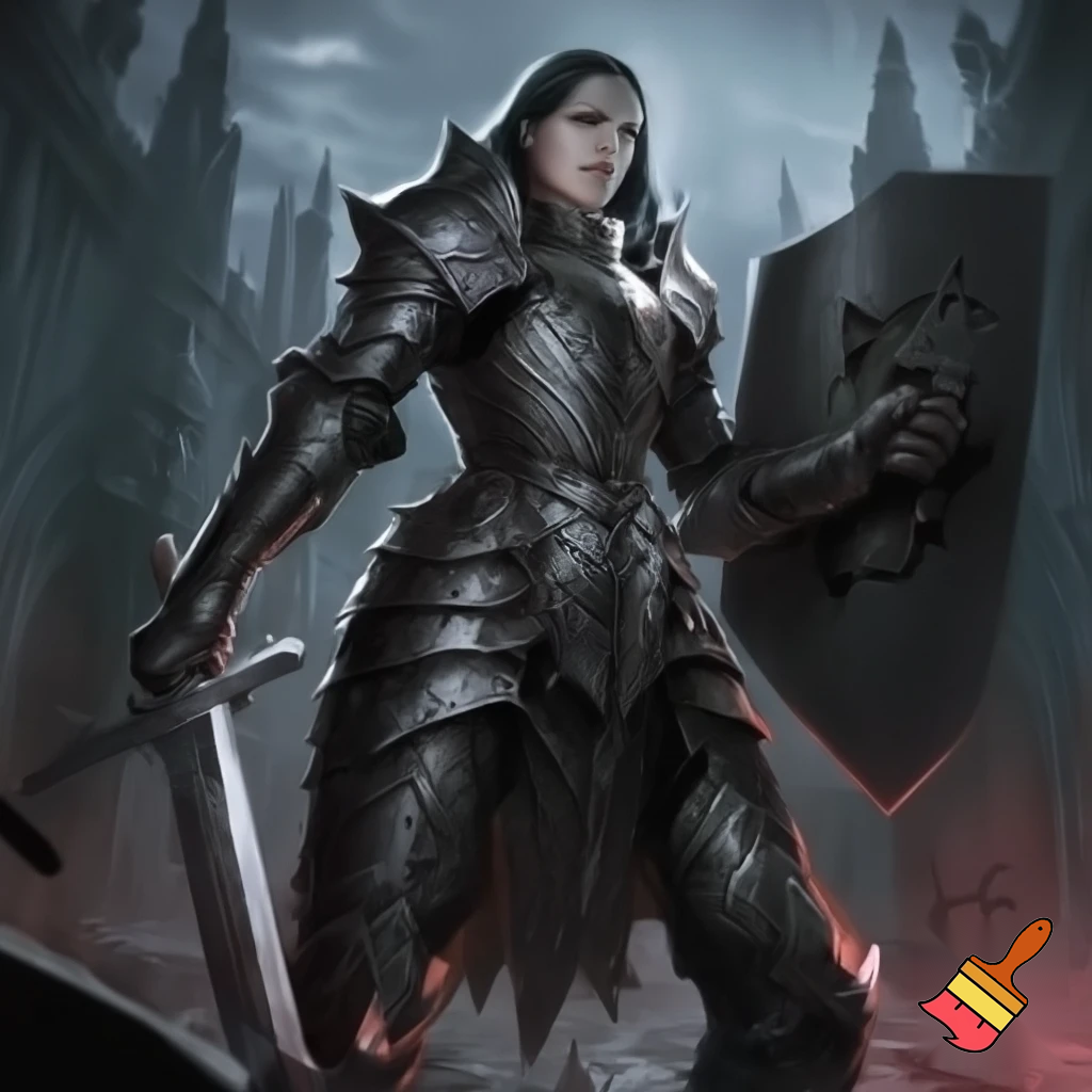 Pathfinder. dhampir female. heavy armor. Sword and shield. Gothic. High quality. Dynamic pose.