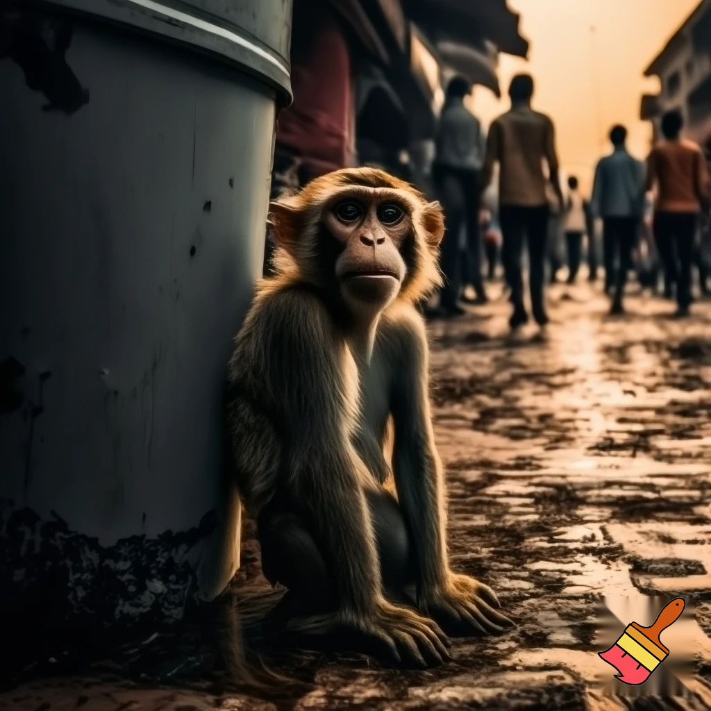 A thin, sad little monkey sitting beside a garbage bin in a small Indian market street at sunset, slightly wet ground after rain, people walking in the background ignoring him, cinematic lighting, emotional atmosphere, realistic art style.