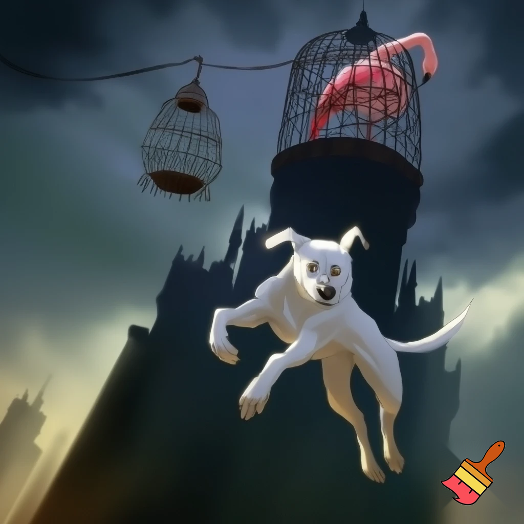A white dog help the female flamingo (bird) to save her boyfriend from the evil king’s castle. Flamingo’s boyfriend is trapped in big bird cage (cage is top of the roof of evil king’s castle)