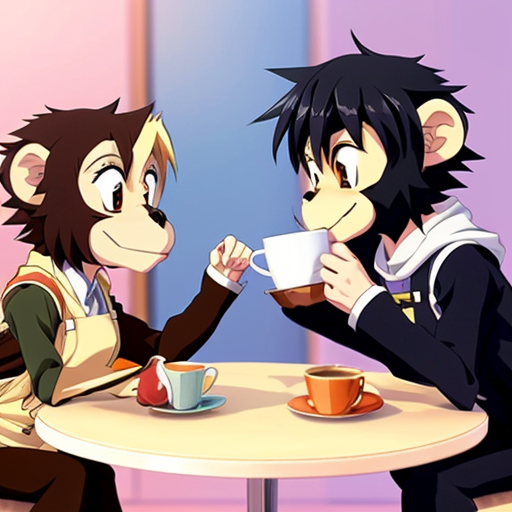 monkeys in a cafe having a fight over a cup of tea
