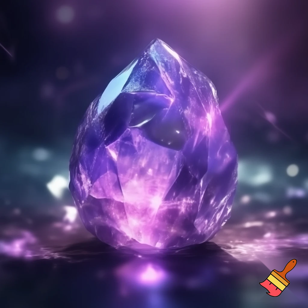 A crystal being carved from transparent purple gemstone, with soft glowing light shining from within. Her body is faceted like a jewel, smooth and reflective, and her voice creates faint light echoes around her. She appears elegant, bright, curious and magical, with prismatic sparkles catching the light around her. A character made entirely of vibrant, polished crystal.