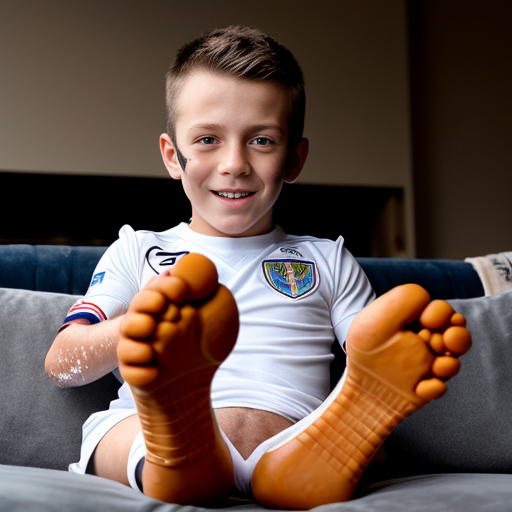 A photo of a five-year-old boy dressed in a full russian football uniform lying on a couch. A group of beautiful Israeli man soldiers put their feet in the boy's dirty boots on his shorts and face. The boy's face is covered with a white, transparent liquid