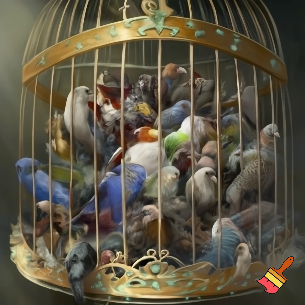 pile Of birds in one big cage