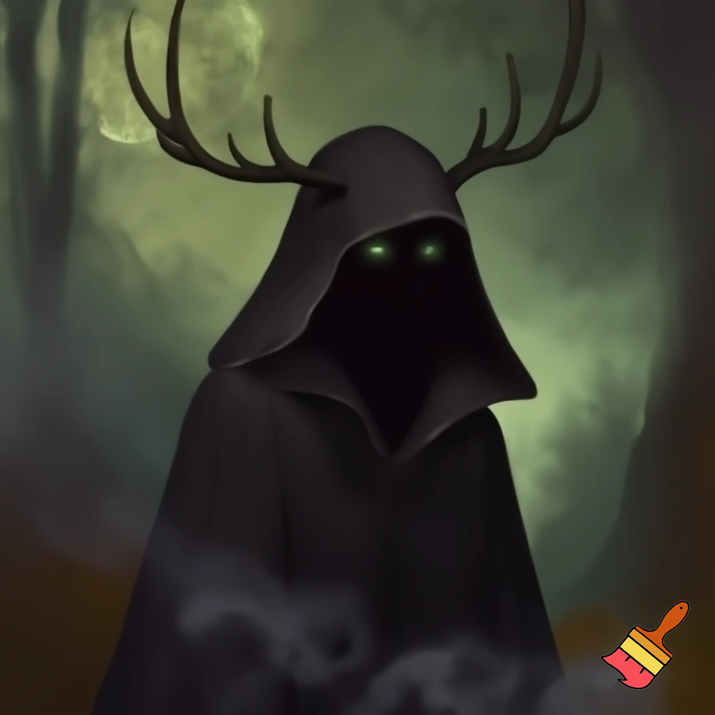 dnd druid rouge in all black with glowing eyes and small deer antlers