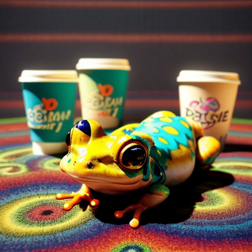 A hillarious, funny boho toad with some hippie colored coffee cups. Psychedelic decorated background.