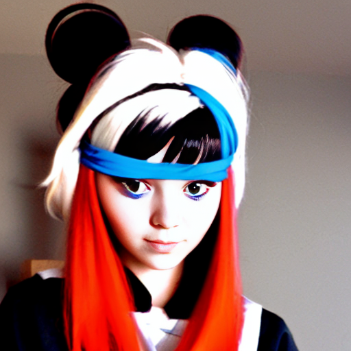 Girl With VERY DARK BROWN (Almost Black) Hair At The Top, An Ahoge Of The Same Color At The Top Of Her Head, Pink Locks In The Middle, And The Very Bottom Of Her Hair Is White, She Has Amber Eyes, One Of Them (Her Left) Is COvered By Her Hair, She Has Fluffy White Inu Ears At The RIGHT AND LEFT SIDES Of Her Head, She Wears An ORANGE Bandana In Her NECK, Dark Grey Longsleeved Shirt Who's Sleeves Are Oversized, A Belt Over A Dark Blue Skirt, And A White Fluffy Inu Tail