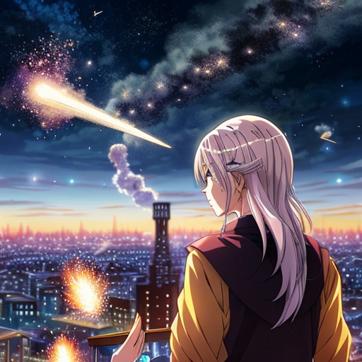 white-haired woman watches as meteorites fall on her castle