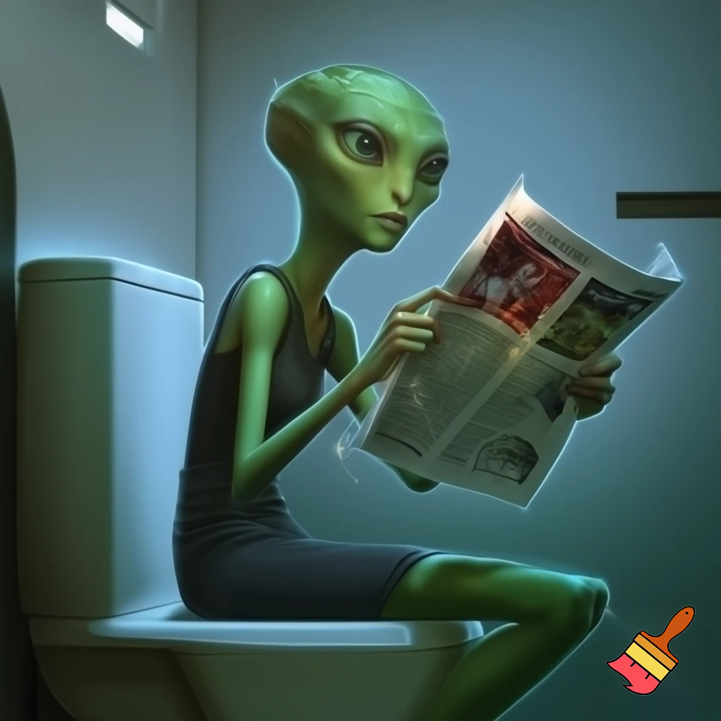 A green female with  greenhuman body alien reading a newspaper on the seat of the toilet

