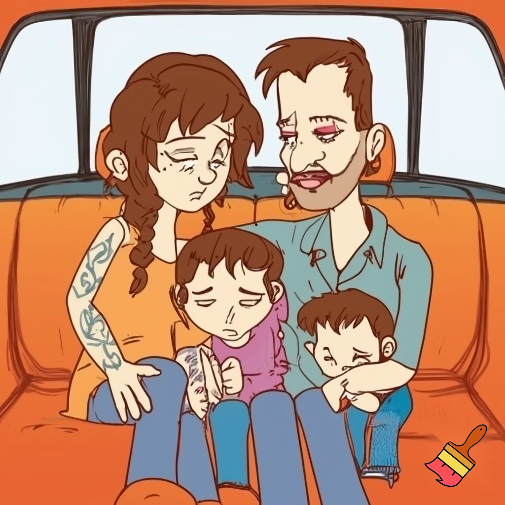 Draw a family 4 a dad with tattoos 7 year old sister 13 year old brother and the mum has tired under eyes in a car

