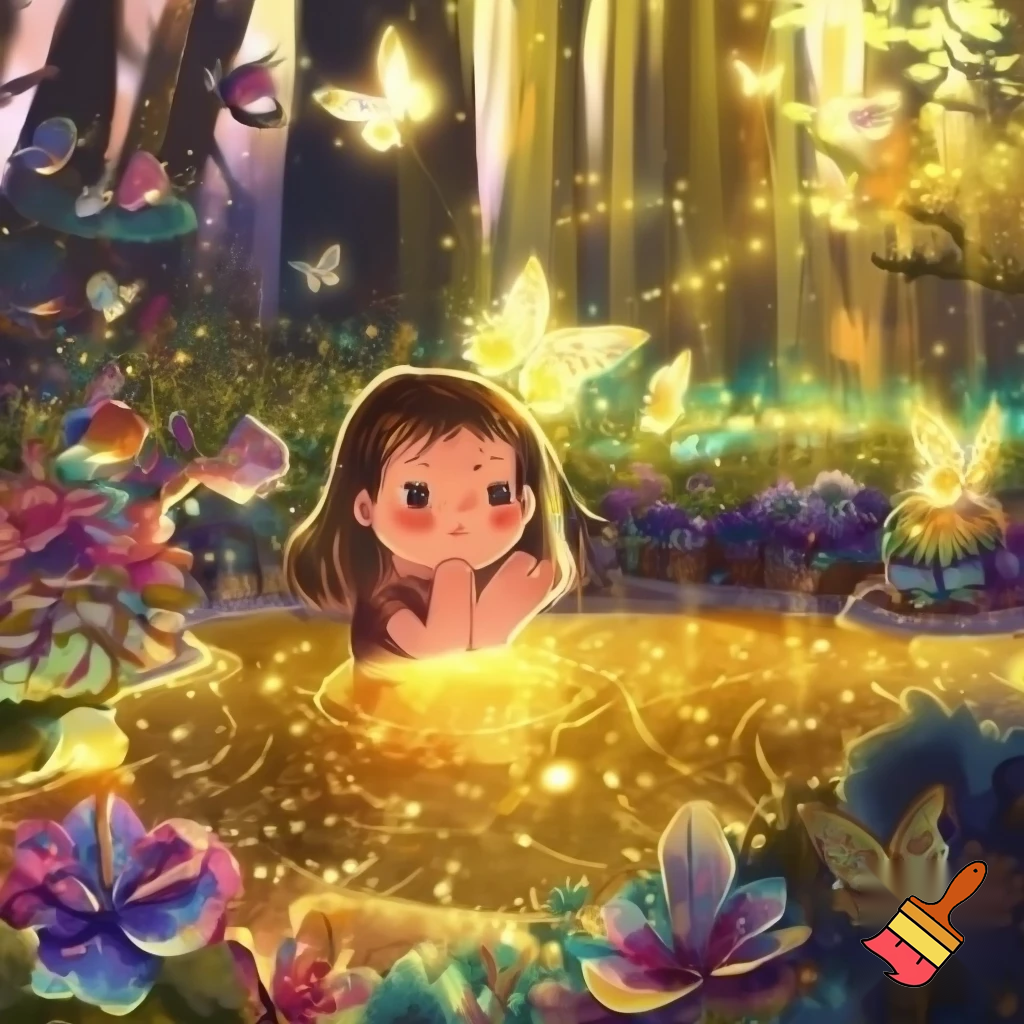Маленькая девочка возле волшебного ручья набирает воду в ладошки, Всё блестит и сверкает от солнечного цвета, Вокруг красивые цветы, животные , птицы , стрекозы и бабочки