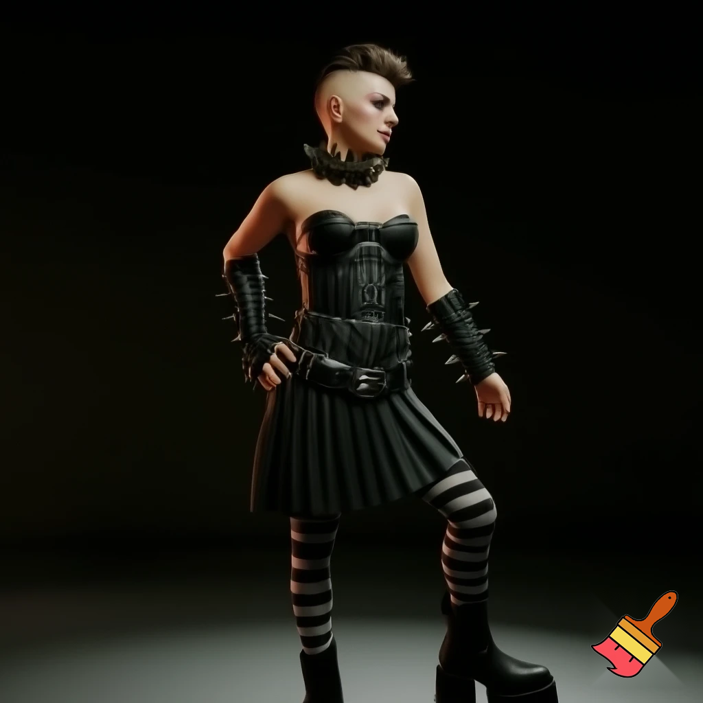 Attractive woman with an undercut and bold makeup wearing a spiked collar, buckle arm warmers, a corset, a body belt, a pleated skirt, vertical striped stockings and platform boots 