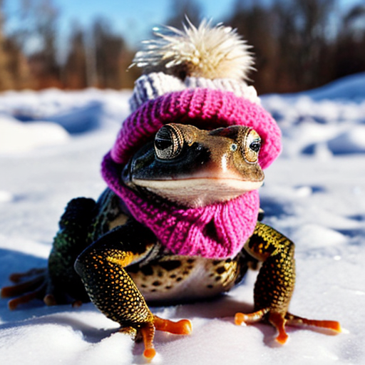 A laughable, puzzled animal toad in woolen, multicoloured winter clothings with woolen winter cap. Hyperrealistic art style.