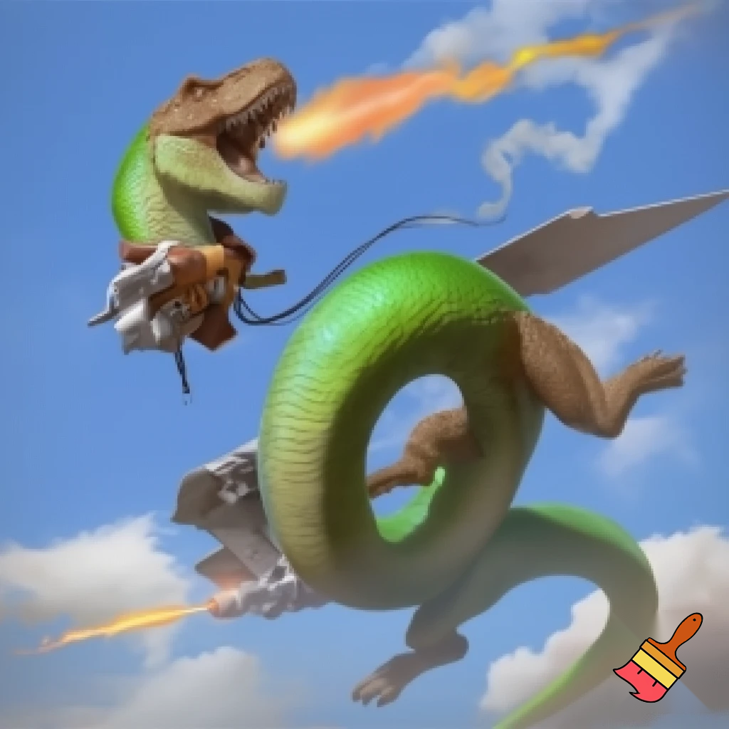 A snake with t-Rex arms and legs that has a jetpack