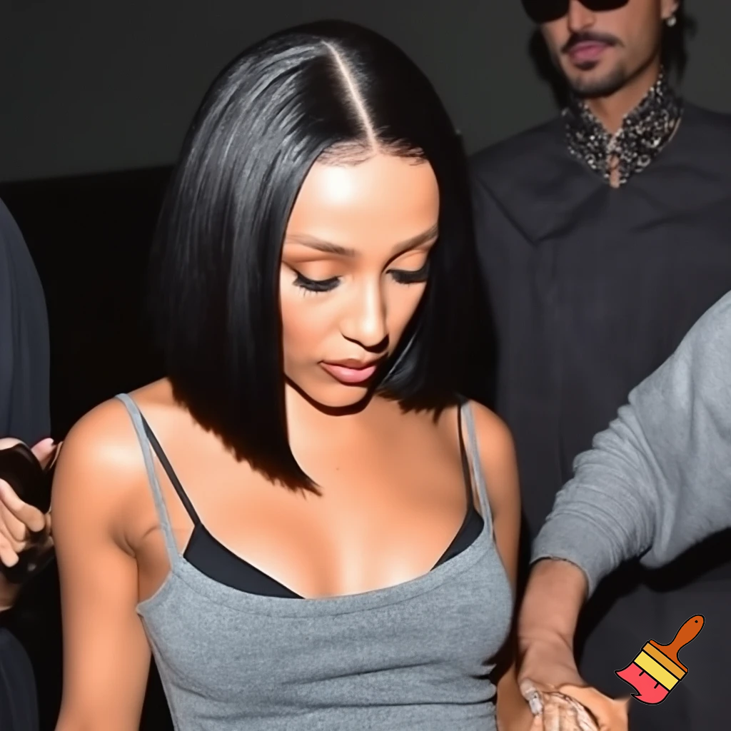 Doja Cat with a sleek middle part bob hair wearing a grey camisole tank top and black bra working out 