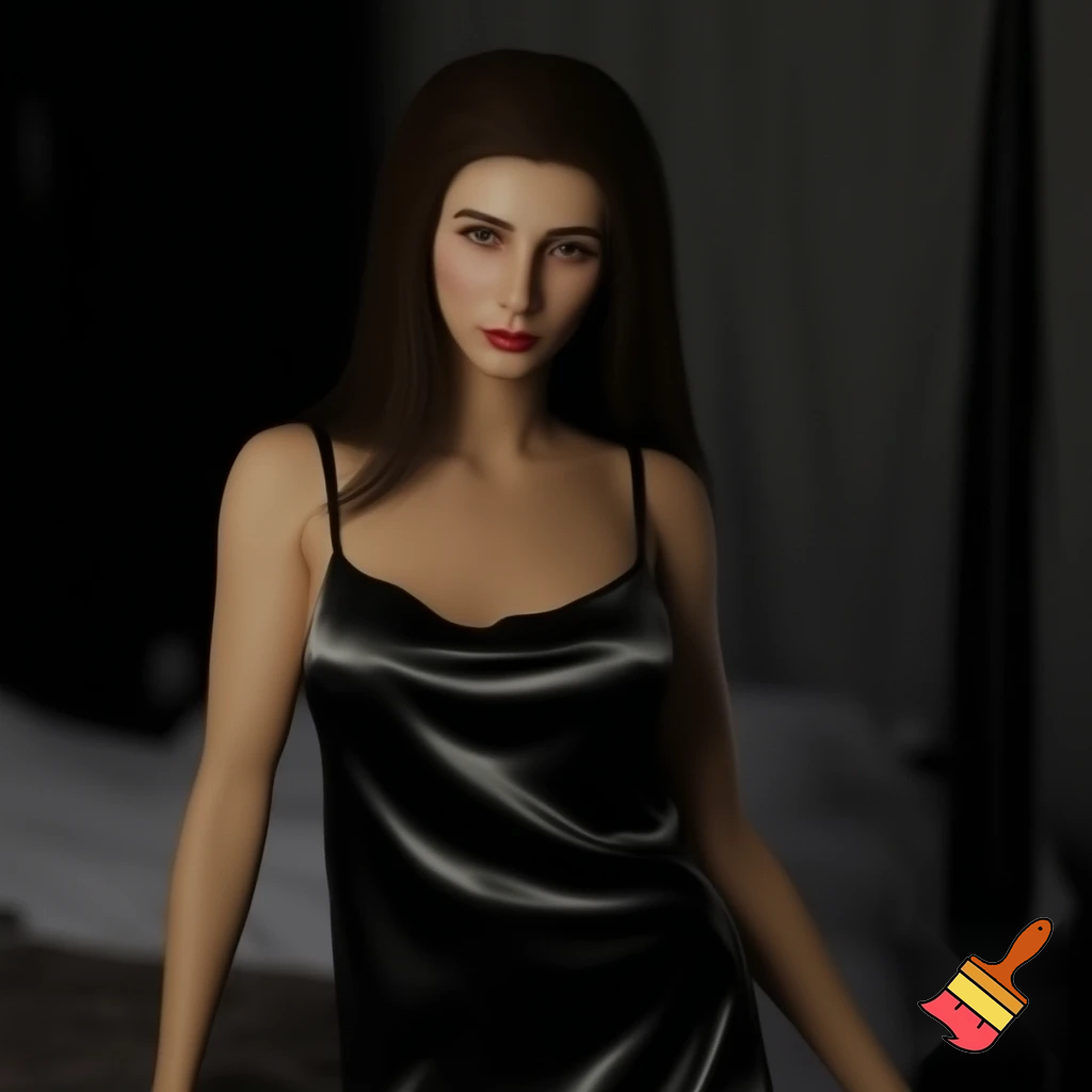 Brunette woman in full length black satin nightgown