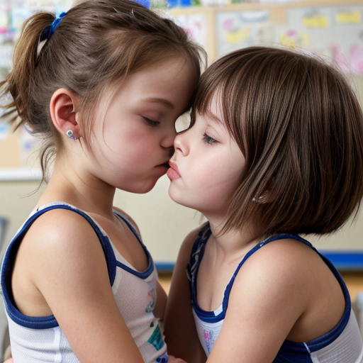little girls in short shorts and crop top , in school kissing 