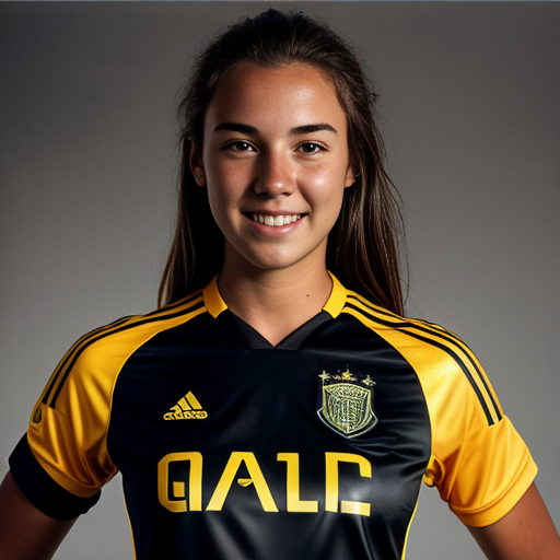 young woman in a mens black soccer jersey with the name Nicholson in gold on it