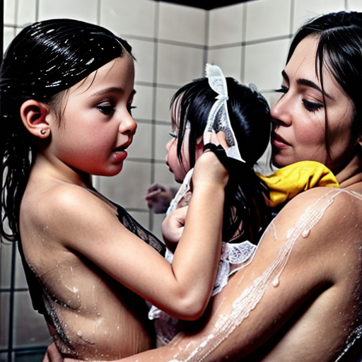 Genera la imagen real de 3 niñas pequeñas de 6 años, en la ducha, vestidas con lenceria de encaje transparente con su padre besandose