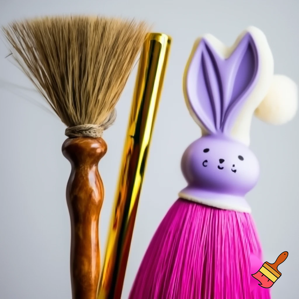 Broomstick, gold broomstick and purple Easter bunny broomstick