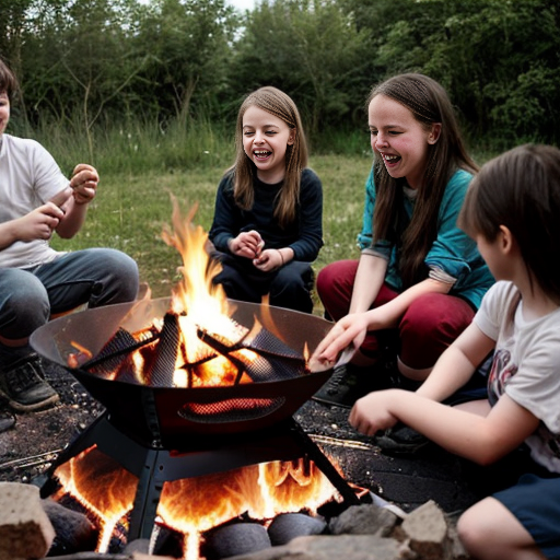 create a campfire with 7 10 year old girls and one boy, they are having fun, in a cute style
