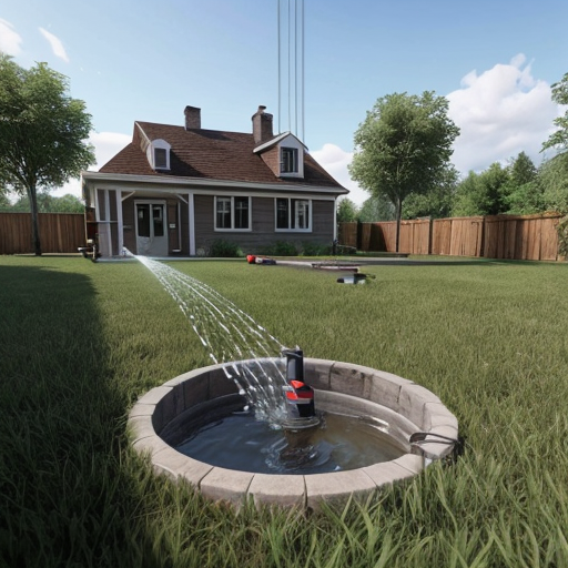 Generate an image in a semi‑infographic style: a small country house and a plot with a lawn and 3 apple trees; there’s a sprinkler system on the lawn. Next to it — a well head. The lower half of the frame should show a cross‑section of the ground: depict a well with a casing pipe; a borehole pump is suspended inside it on a cable, and you can see the pipes running to the house and to the irrigation system. Add light arrows and translucent lines to indicate the water flow. Use calm, natural colors; ensure good readability of the details. Style: “realistic diagram”; high level of detail.