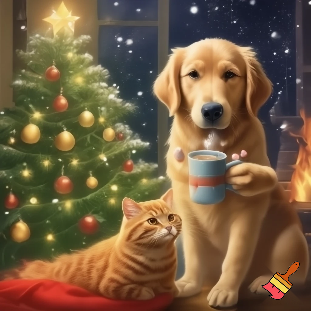 a dog and a cat thats holding a hot chochlate and they are standing beside a christas tree