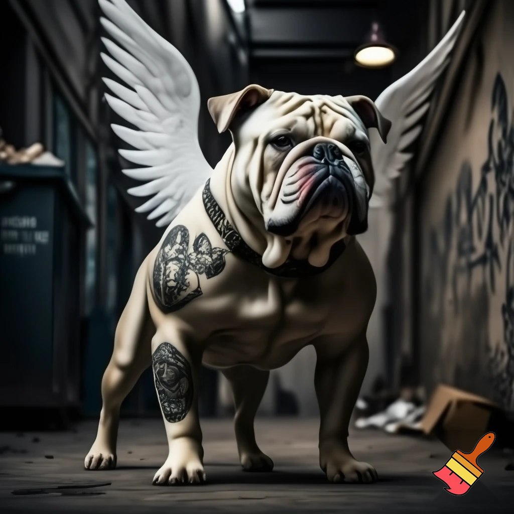 Gangster dog with tattoos and with angel wings