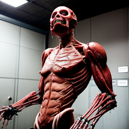 Hyperrealistic forensic/body-horror photograph, ultra-detailed 8k cinematic still, industrial meat-processing corridor or abandoned surgical facility with bright harsh fluorescent overhead lights and cold blue-white glow, reflective stainless steel walls and grated metal floor covered in pools of congealed blood and viscera, thick clusters of organic fleshy tubes/pipes (veiny meat tentacles fused with rusted metal pipes) running along ceiling and walls dripping blood and slime, central figure is a massive grotesque biomechanical abomination fused to a metal chair/gurney, humanoid torso with pale waxy skin split open exposing raw red muscle cavities and exposed organs, screaming open mouth with elongated jaw, multiple crimson fleshy tentacles/horns/antlers sprouting from head like parasitic growths, foam/froth around mouth and neck, lower body grotesquely elongated and segmented like stitched-together limbs wrapped in bloody ropes/cables, open abdominal cavity revealing nested smaller fleshy mutant forms inside, surrounded by rows of glass/metal-framed enclosures on both sides containing dozens of smaller deformed humanoid mutants, flayed skinless bodies, tumorous growths, missing limbs, exposed muscle and bone, all in various states of mutilation and fusion to pipes/walls, blood splatters, meat chunks, pus, and bodily fluids everywhere, wet glossy textures, realistic skin pores veins capillaries glistening moisture, practical special effects makeup style, shot on Arri Alexa 65 with 50mm anamorphic lens, shallow depth of field sharp focus on central abomination's face and torso, volumetric god rays through fog and steam, HDR, grainy 35mm film emulation, raw documentary horror style, no cartoon stylization, pure photorealism --ar 16:9 --stylize 100-150 --q 2 --v 6 (adjust params for your generator)